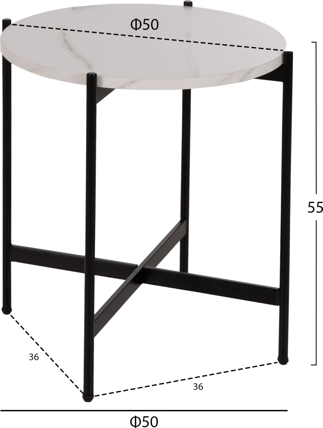 Stranska miza FH9589.05 MDF bela marmor-črna kovinska osnova Φ50x55Hcm