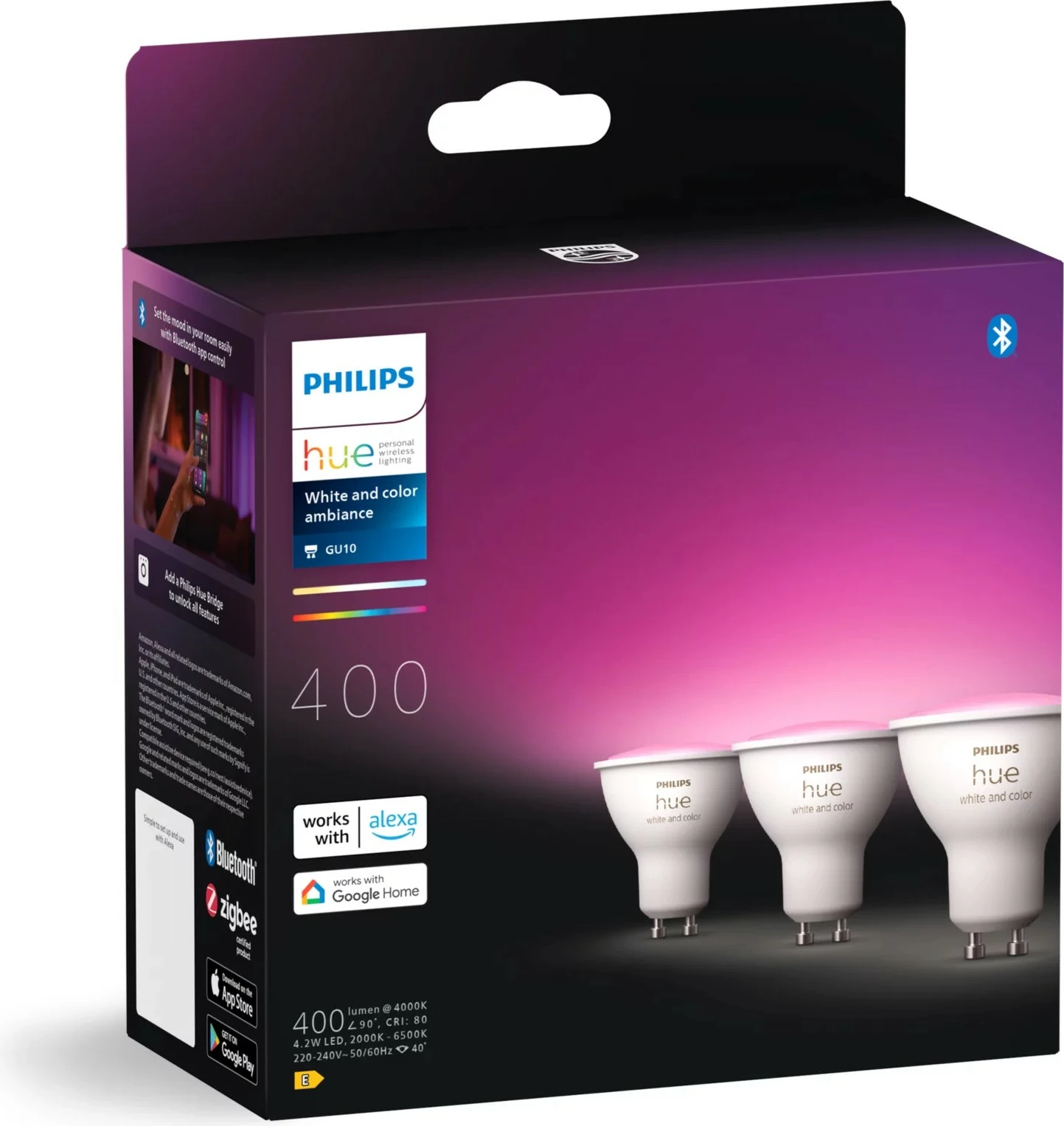 Spot za svetlobo z barvami Philips Hue GU10, paket 3, Bluetooth/Zigbee, bel