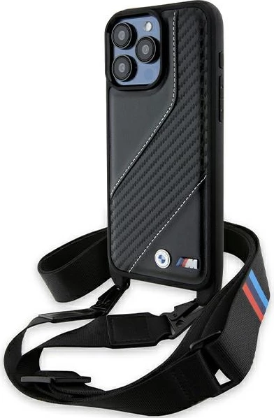 Ovitek za telefon BMW M Edition Carbon Stripe & Strap za iPhone 15 Pro, črn