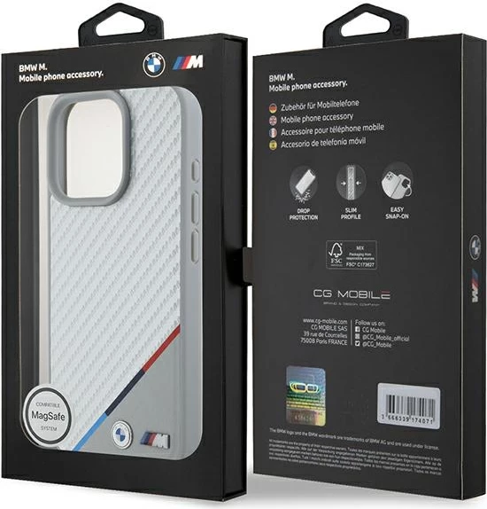 Ovitek za telefon BMW M Carbon Tricolor Line MagSafe za iPhone 16 Pro, siv