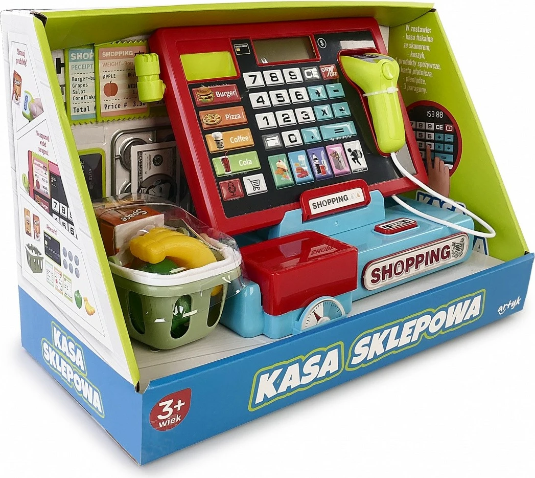 Igralna blagajna z bralnikom in tehtnico, večbarvna, komplet dodatkov Artyk 142543