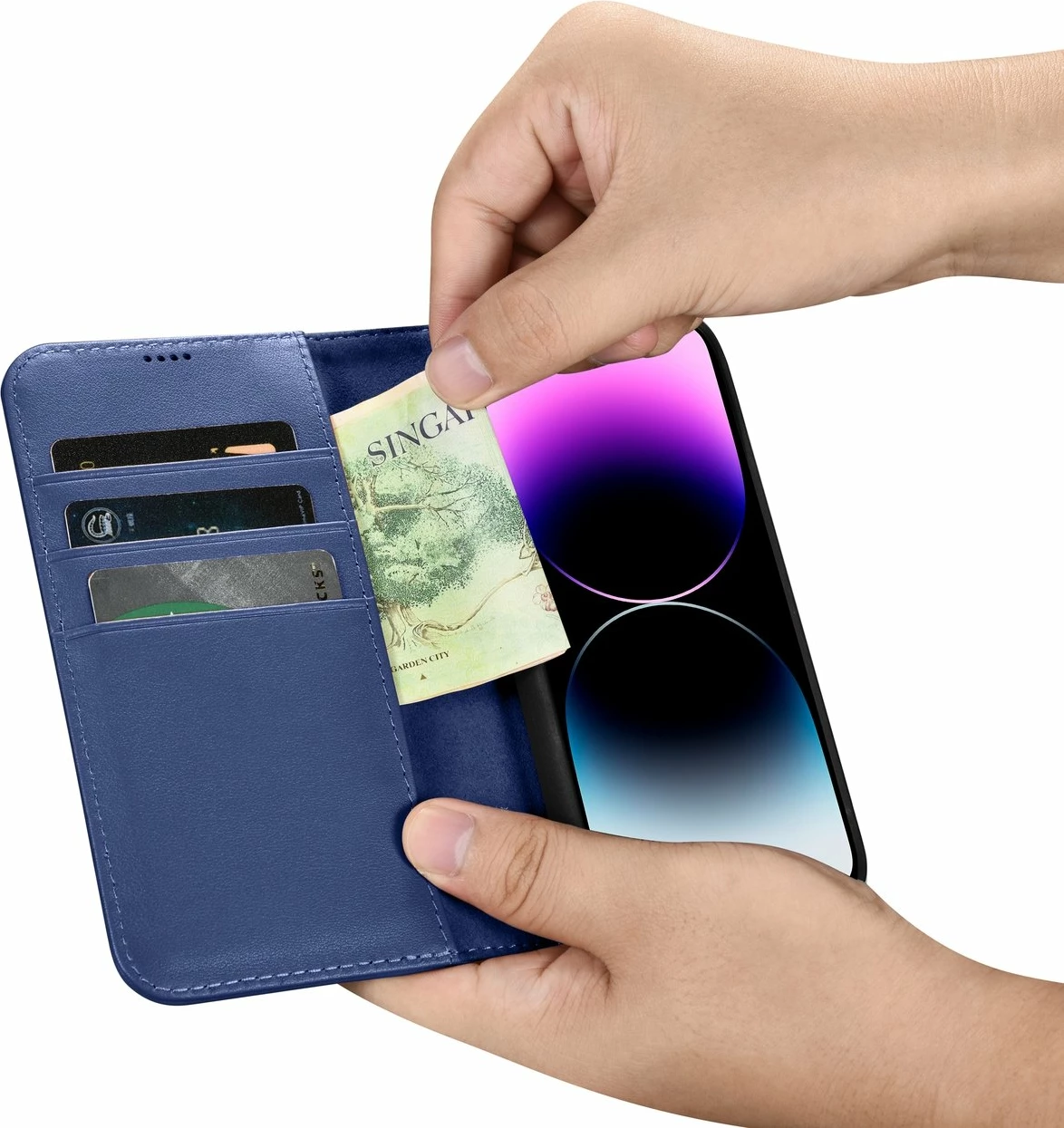 Ovitek za telefon 2-v-1 z denarnico, naravno usnje, Anti-RFID, modra, iCarer Wallet Case za iPhone 14 Pro
