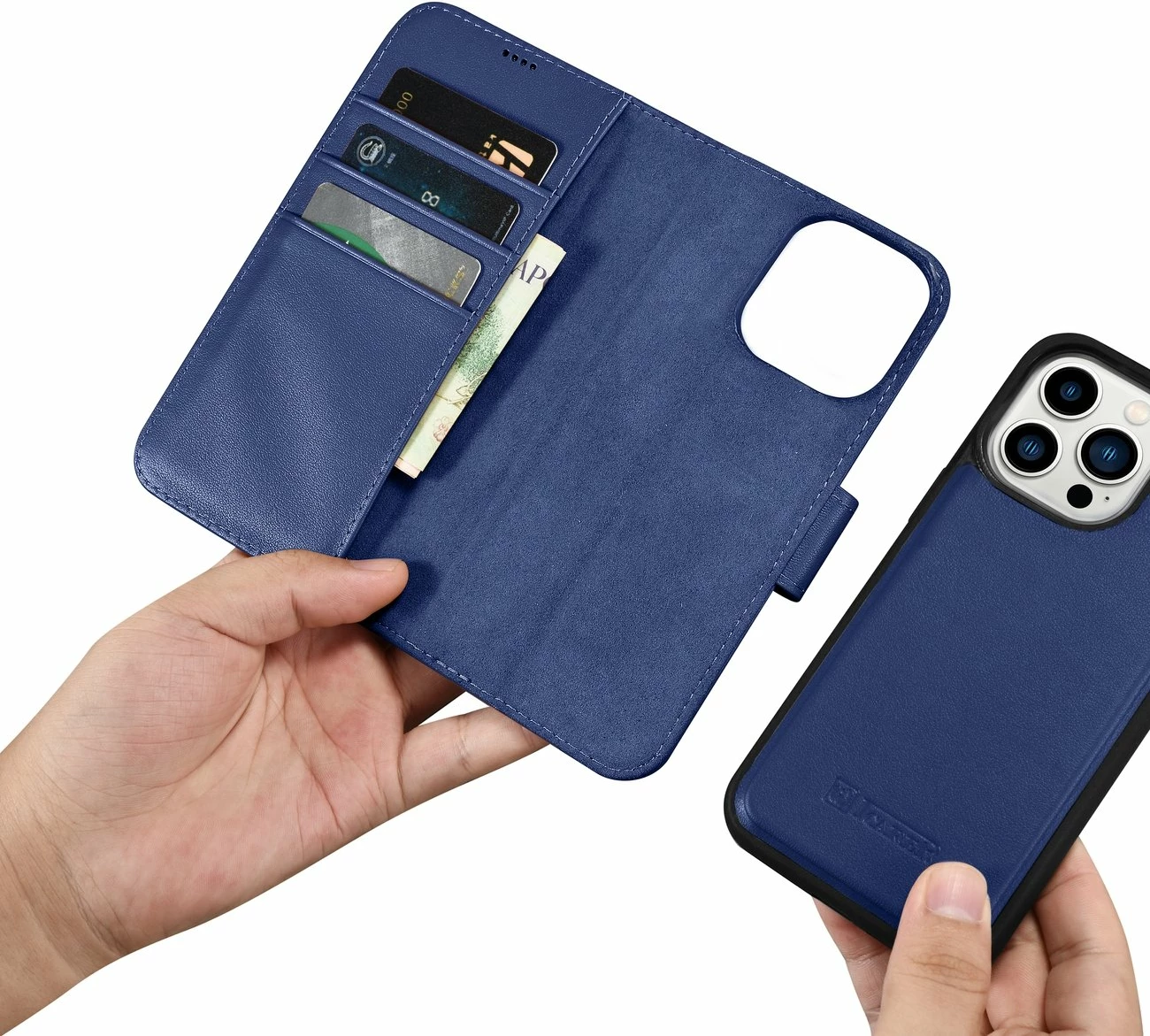 Ovitek za telefon 2-v-1 z denarnico, naravno usnje, Anti-RFID, modra, iCarer Wallet Case za iPhone 14 Pro