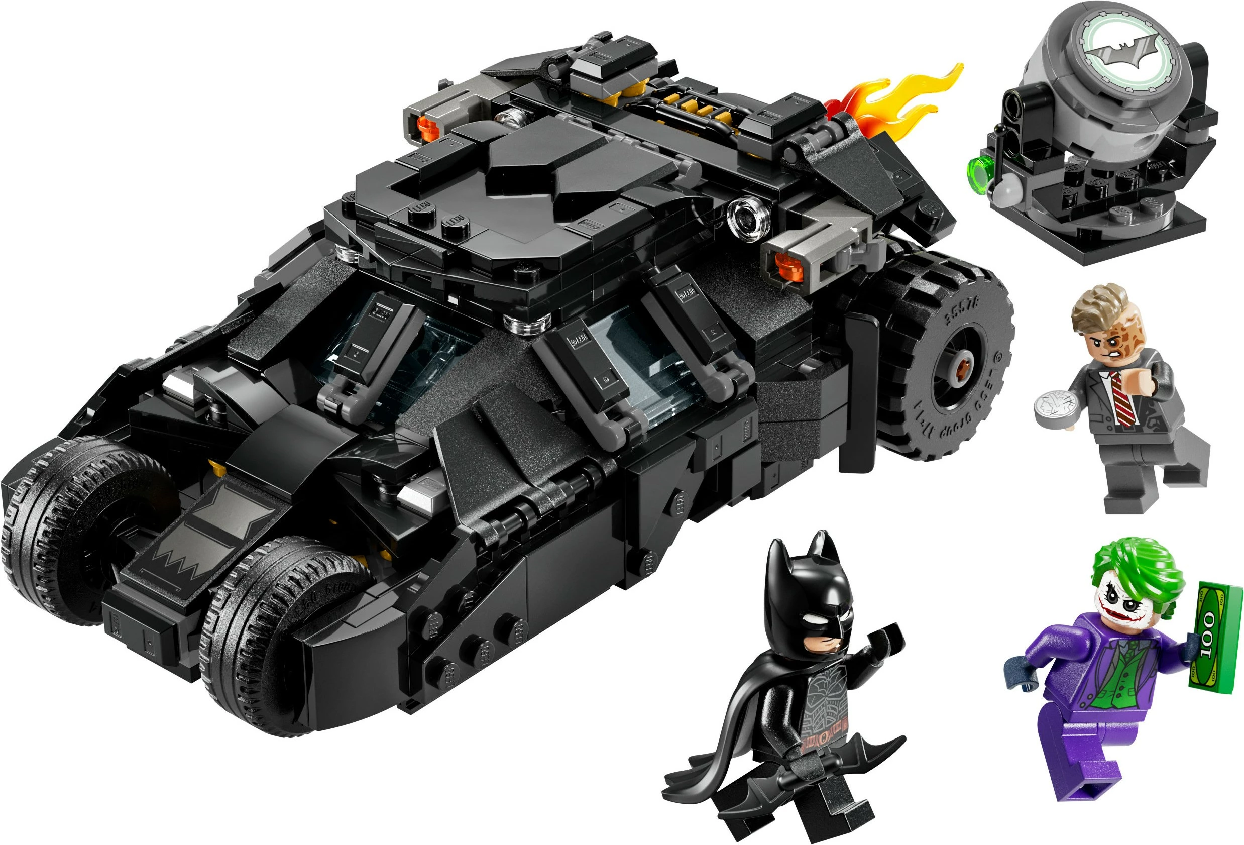 Gradbeni set LEGO DC Super Heroes 76303 Batman Tumbler proti Two-Face & Joker, 429 kosov, večbarven