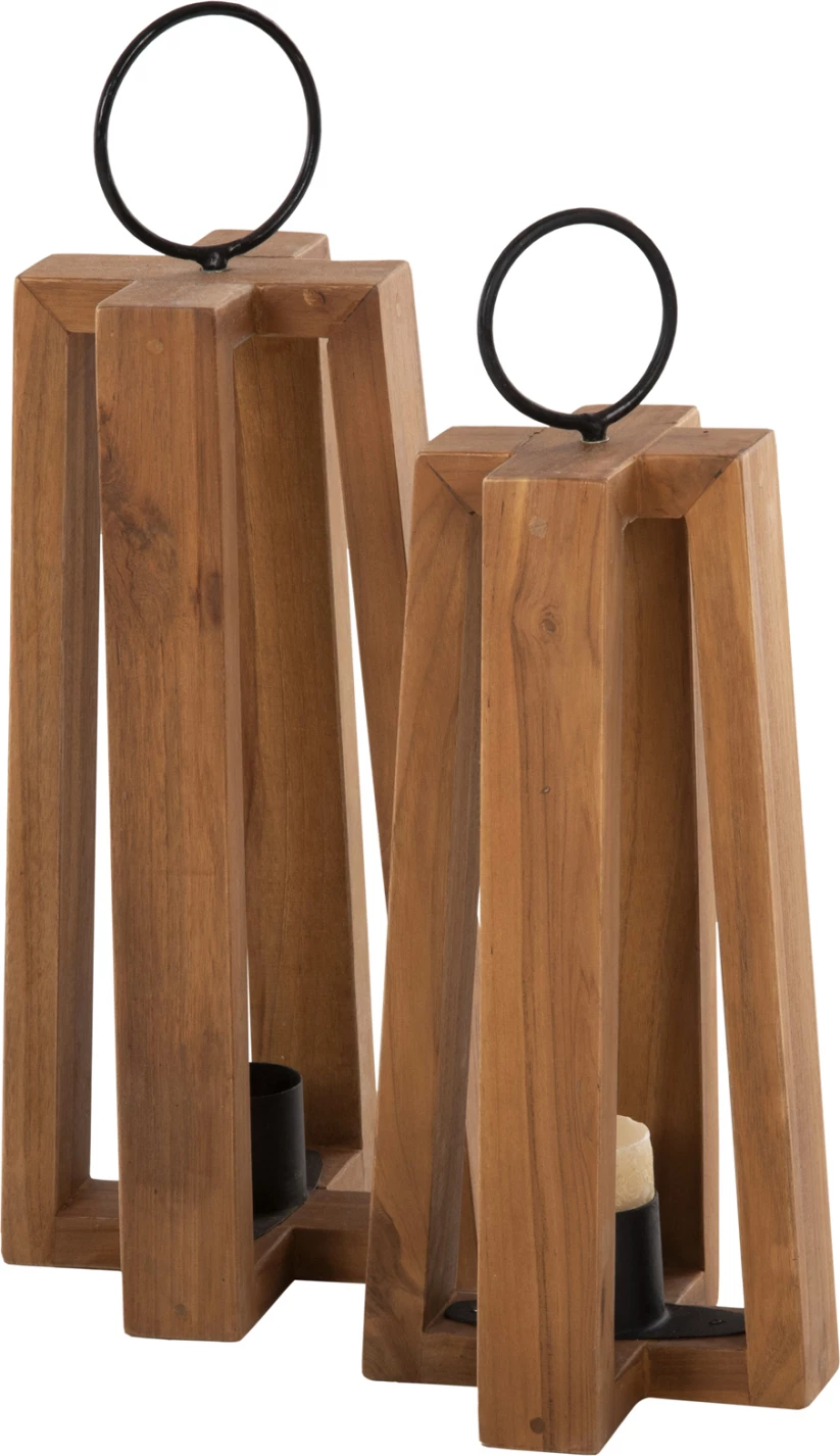 Lanterni za sveče z obročastimi ročaji FH4276 iz tikovine v naravni barvi 24x24x50-61H cm