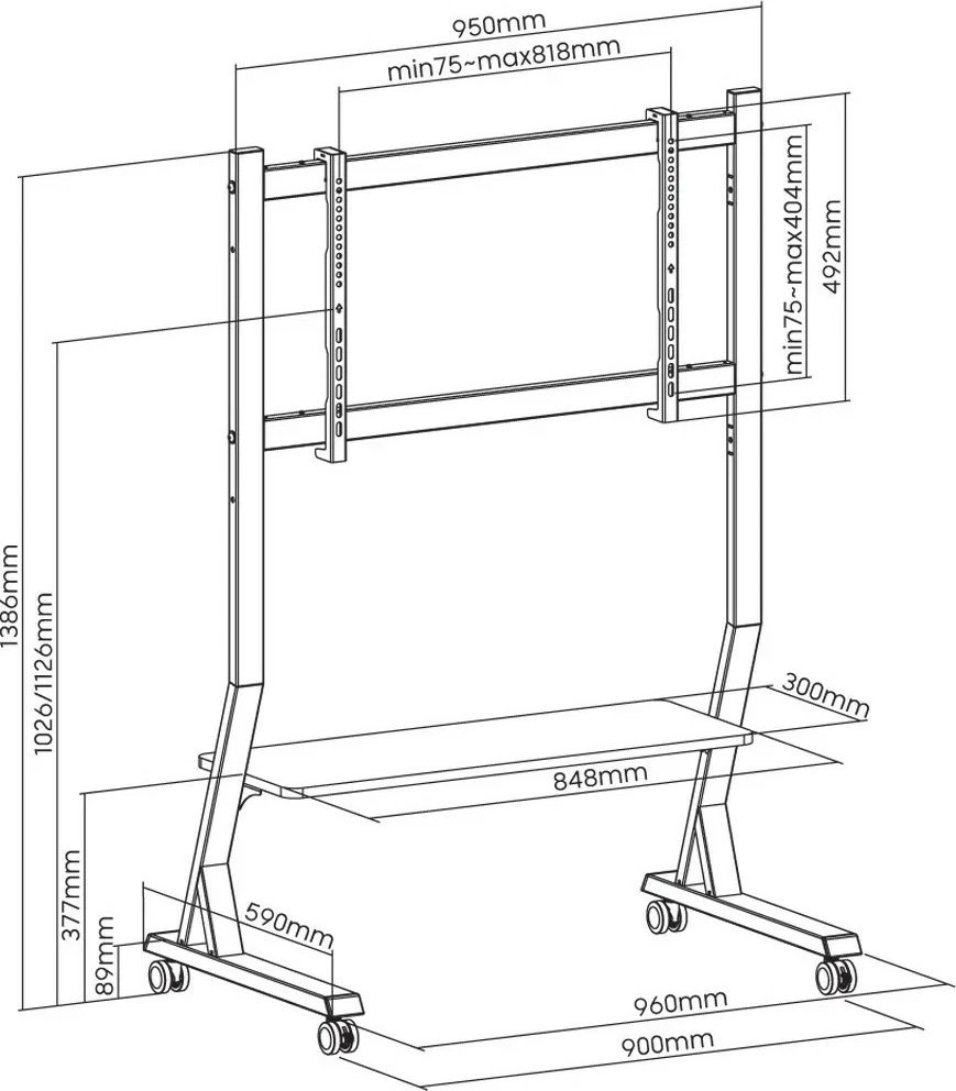 Mobilni stojalo za TV, Techly 366983, za zaslone 45–90 palcev, 60 kg, s policami, črno