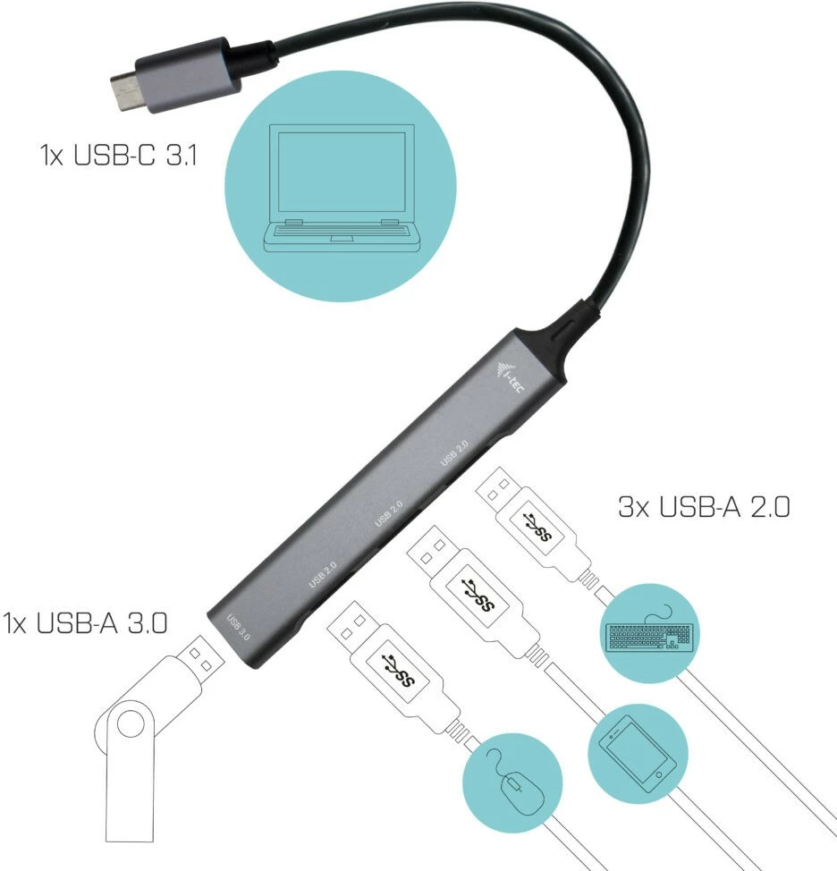 USB-C razširitveni hub i-tec C31HUBMETALMINI4, 1x USB 3.0 + 3x USB 2.0, kovinski