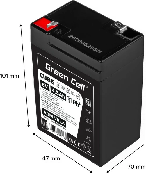 Baterija AGM VRLA, 6V 4,5Ah, IP54, Green Cell AGM6V4-5AH-J, črna