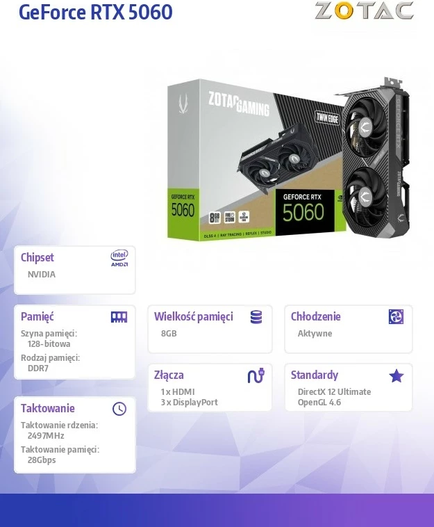Grafična kartica ZOTAC GeForce RTX 5060 Twin Edge ZT-B50600E-10M, 8 GB GDDR7 128-bit, PCIe 5.0 x8, 3xDP/HDMI