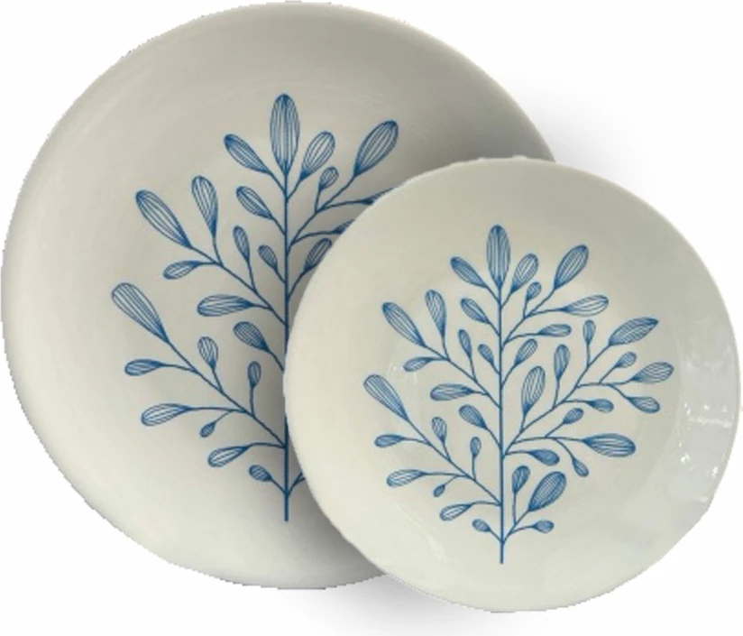 Set za sladice, Ydra, 7-delni, porcelan, bela in svetlo modra, 30x30x3 cm