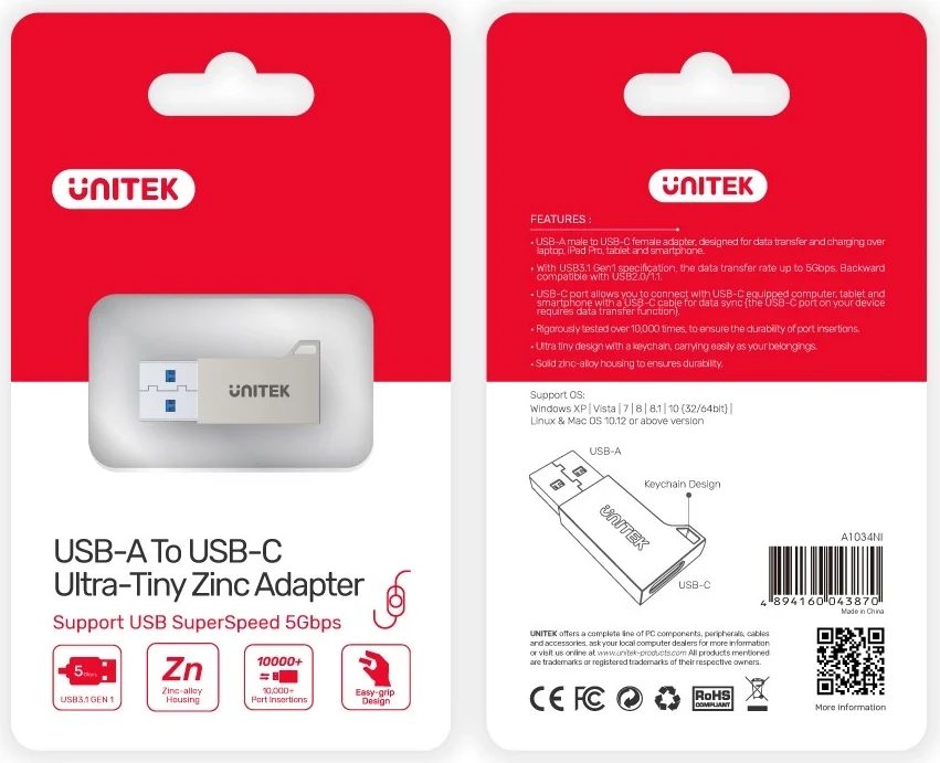 Adapter USB-C na USB-A 3.1 Gen1, Unitek A1034NI, siv