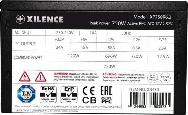 Napajalnik Xilence XP750R6.2, 750 W, 200 - 240 V, 50 Hz, 10 A, črn