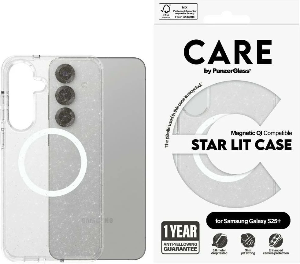 Prozoren ovitek PanzerGlass CARE Flagship Urban Combat StarLight White QI za Samsung Galaxy S25+