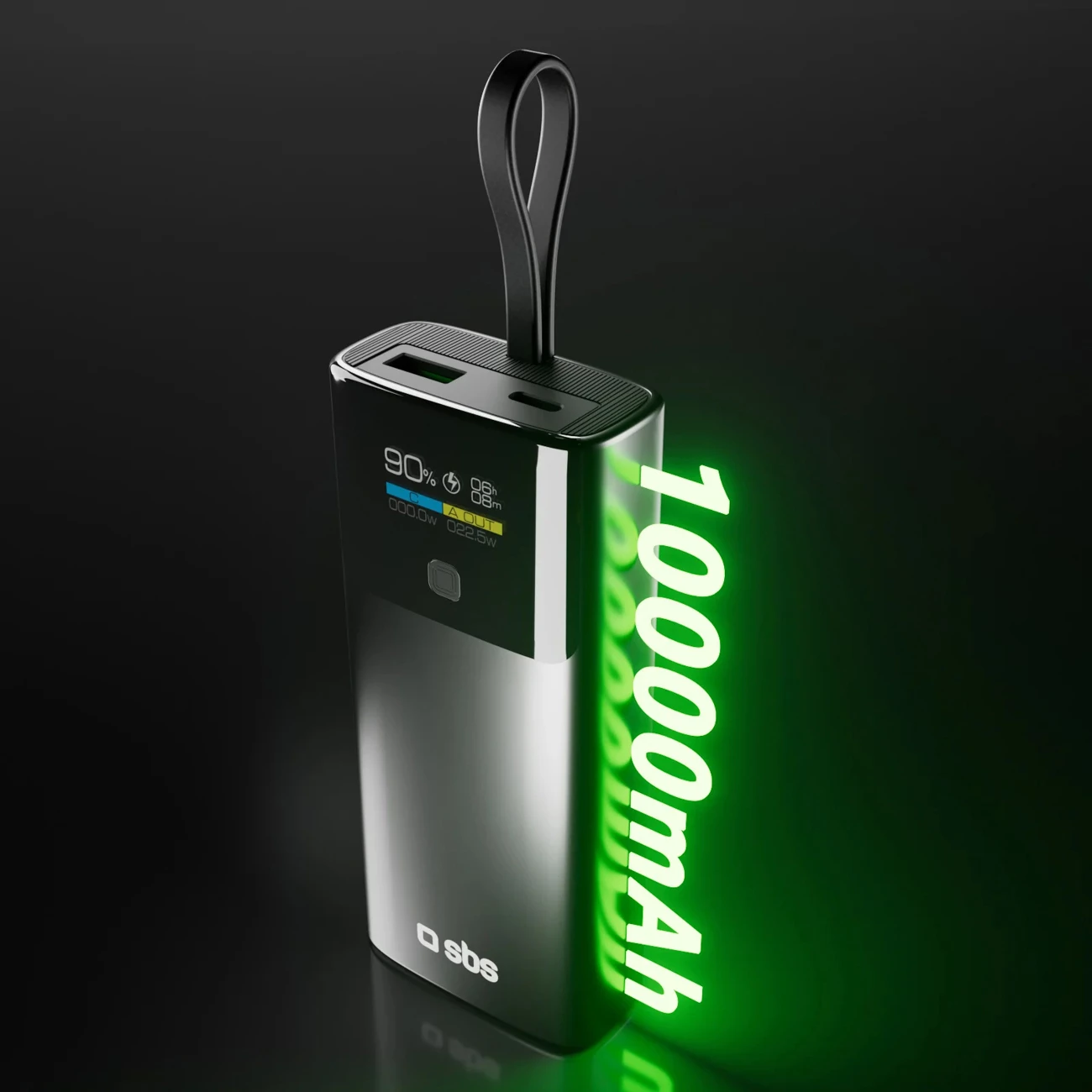 Powerbank 10000 mAh z LCD, PD 20W, z vgrajenim kablom USB-C, SBS, siv