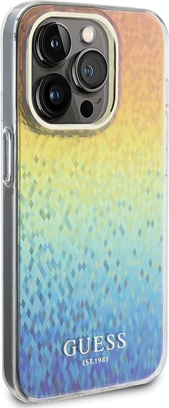 Zaščitni ovitek z zrcalnim disco iridescent učinkom Guess IML Faceted Mirror za iPhone 15 Pro, večbarven