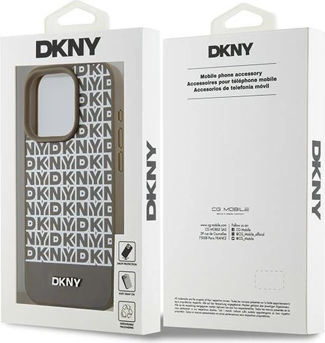 Ovitek za telefon usnjen z natiskanimi vzorci in kovinskim logotipom, MagSafe — DKNY za iPhone 15 Pro, rjav