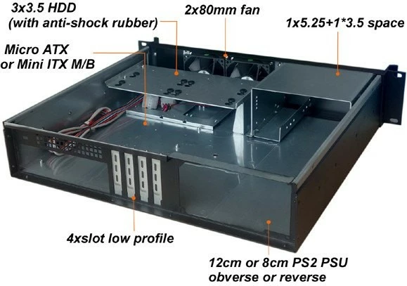 Rack 19" 2U ohišje za Micro ATX/Mini ITX Techly 101980, 4x3,5", 1x5,25", črno