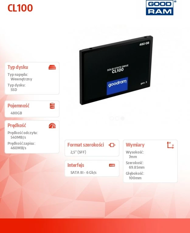 Notranji SSD 480 GB, GOODRAM CL100, 2,5", SATA III, črn