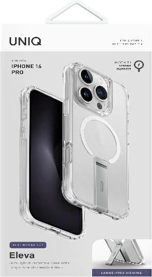 Ovitek za telefon UNIQ Eleva s stojalom Vertica za iPhone 16 Pro, prozoren