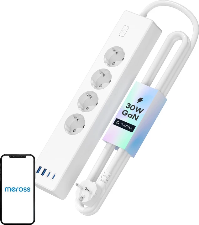 Pametni podaljšek z 4 AC izhodi + 2x USB‑A + 2x USB‑C, Matter, Wi‑Fi, PD 30W QC 3.0, 16A 3680W — Meross MSP844SMA-EU