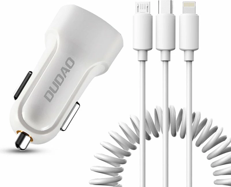 Avtomobilski polnilec Dudao R7, 2x USB, 3-v-1 kabel, 2,4 A, bel