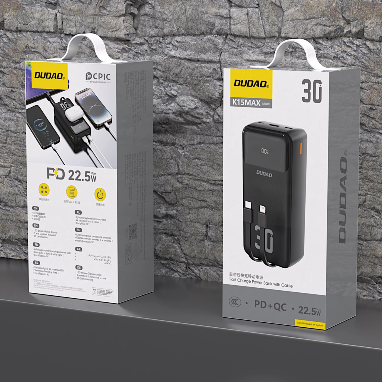 Powerbank velik kapaciteta 30000 mAh, 22,5 W, z vgrajenima kabloma, Dudao K15MAX, črn