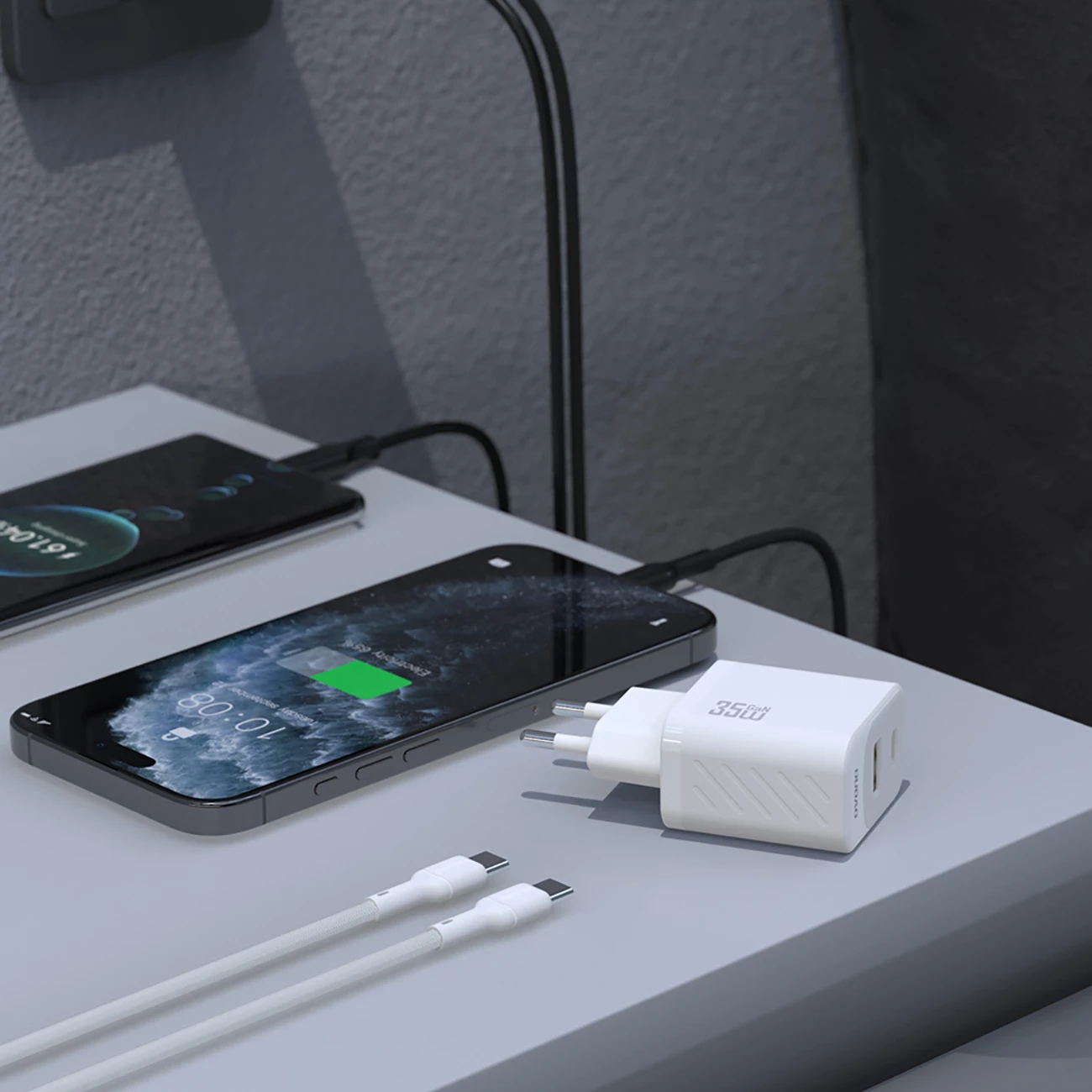 Stenski polnilec 35 W GaN, 2 vrata USB-C + USB-A, PD, EU vtič, brez kabla, bel — Dudao A27 Max