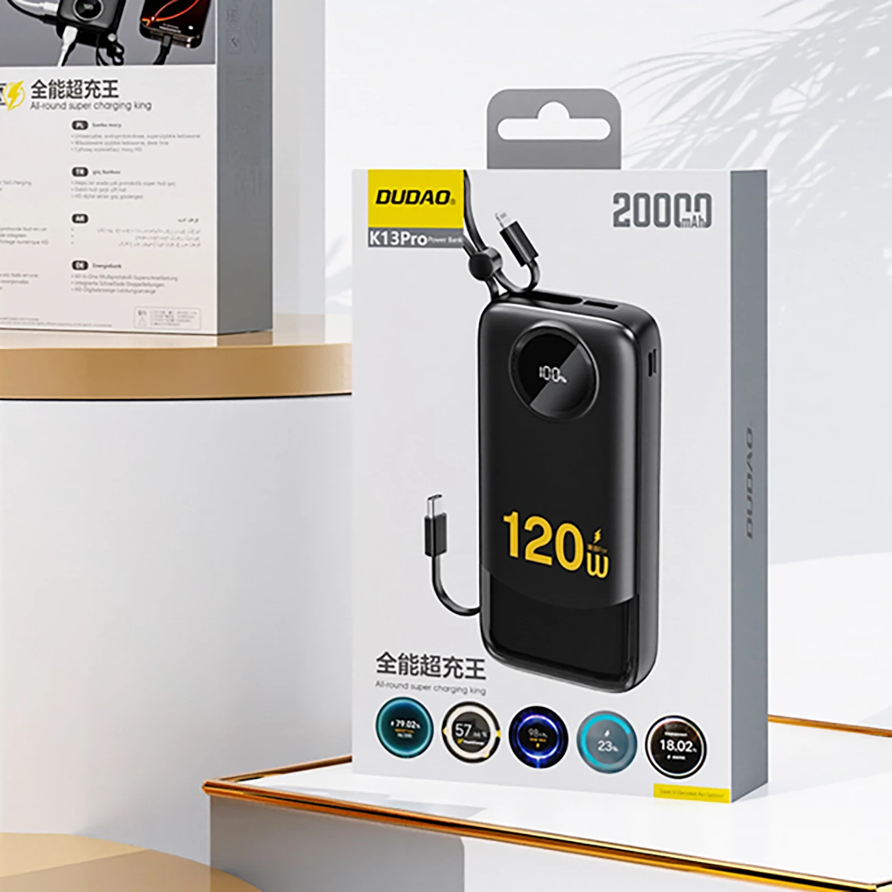 Powerbank 20000 mAh z vgrajenimi kabli, LED zaslon, črn — Dudao K13Pro