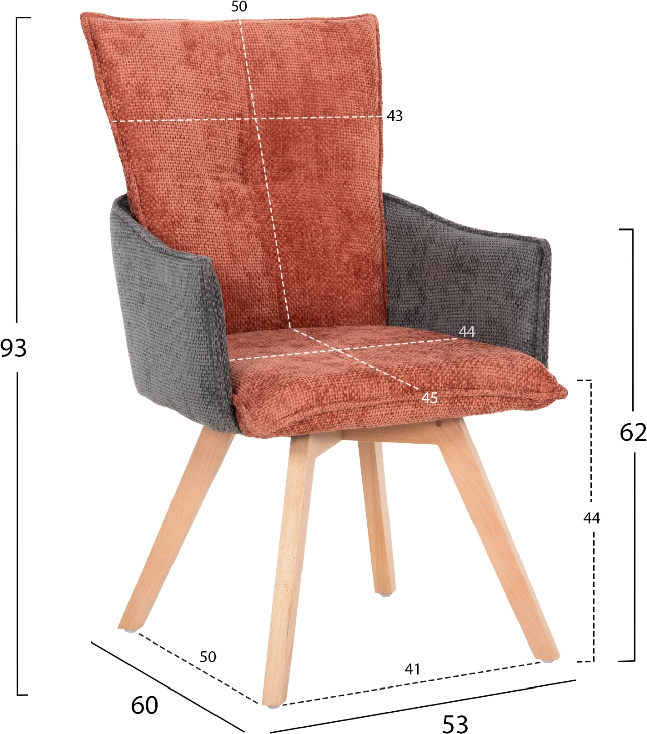 Jedilniški naslanjač REX FH9847.06 iz opečno rdeče-sive tkanine z nogami iz bukovega lesa 53x60x93H cm, set 2 kosov