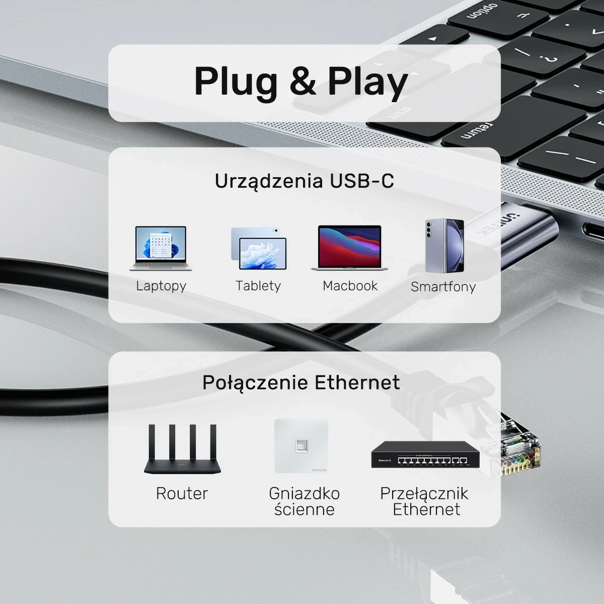 Ethernet kabel USB-C na RJ-45 Unitek, 5 m, črno-srebrn