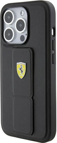 Ovitek za telefon Grip Stand z metalnim logotipom Ferrari za iPhone 15 Pro Max, črn