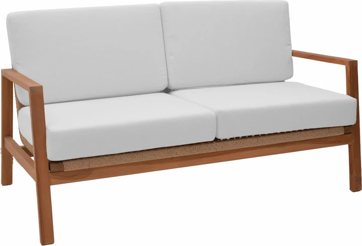 Lounge set, 4-delni, naravni tikov les, beli blazini, naravni ratan Doumain