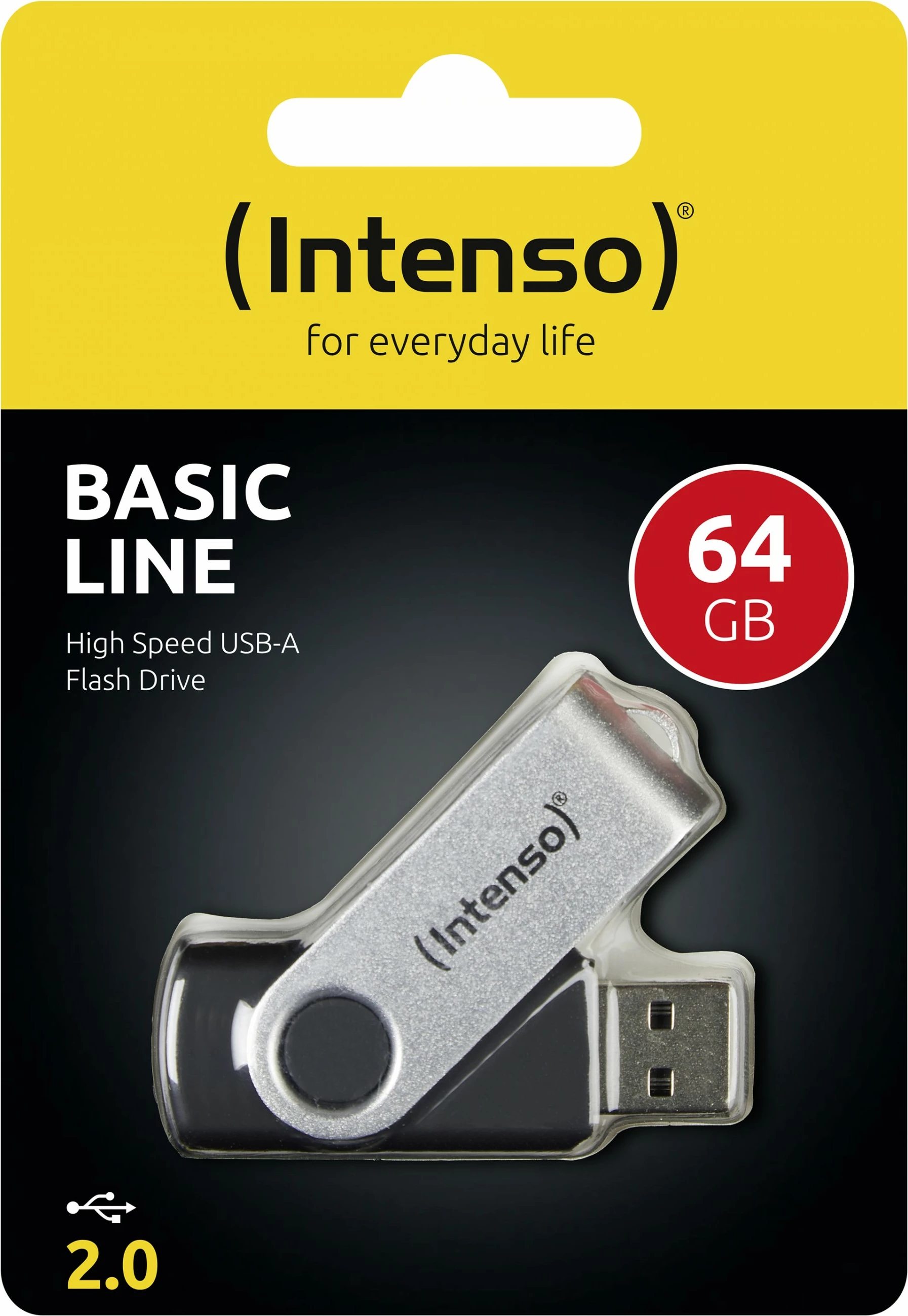 USB-pomnilnik 64 GB, Intenso Basic Line, USB 2.0, vrtljiv, črno/srebrn