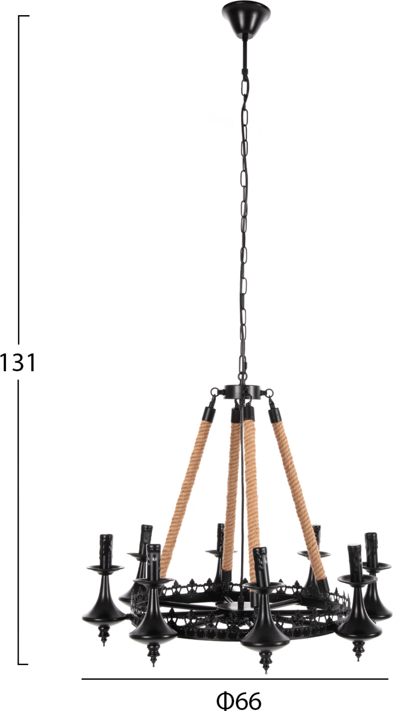 Stropna viseča svetilka z 8 lučmi FH4169 črna kovina-vrv Φ66x131Hcm
