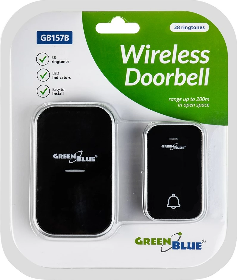 Brezžični zvonec za vrata brez baterij, GreenBlue GB157 B, IP44, črn