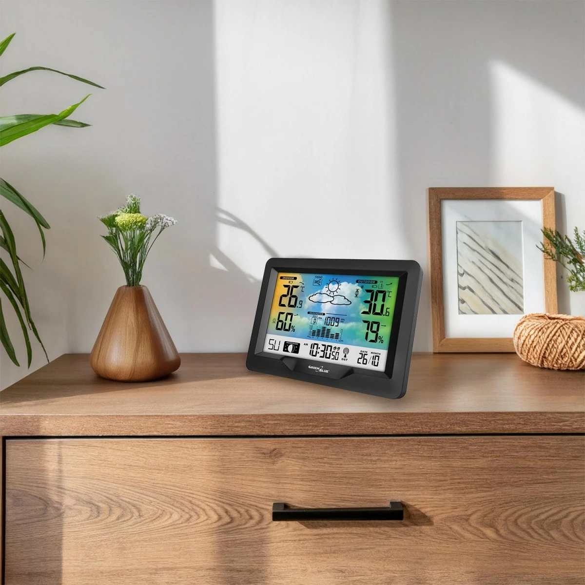 Brezžavna vremenska postaja z indikatorjem udobja GreenBlue GB540N, meritev vlažnosti, lunine faze, ura DCF, črna