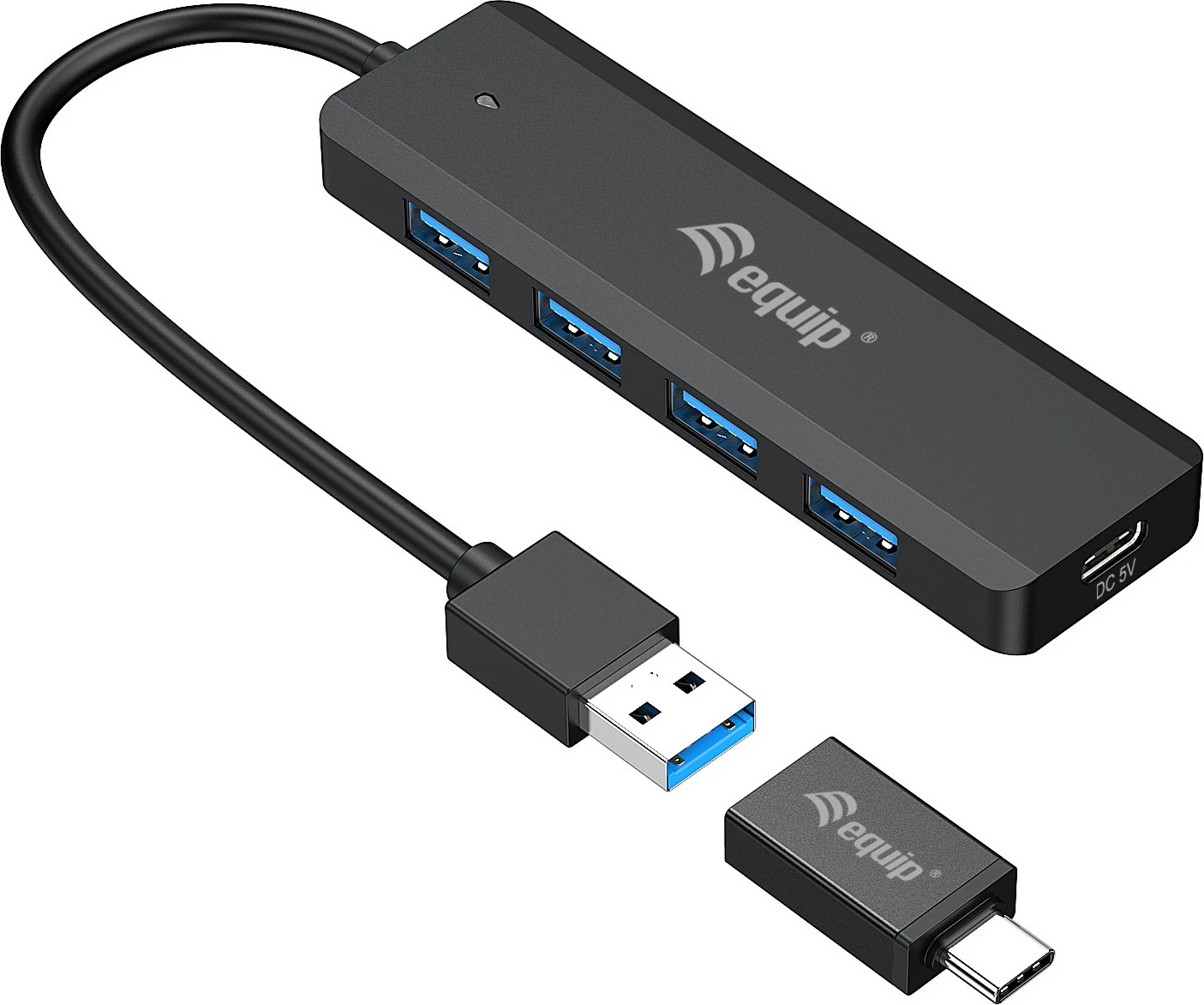 USB hub zunanji z USB-C adapterjem Equip, 4 vrata 3.2, 5 Gbps, črn