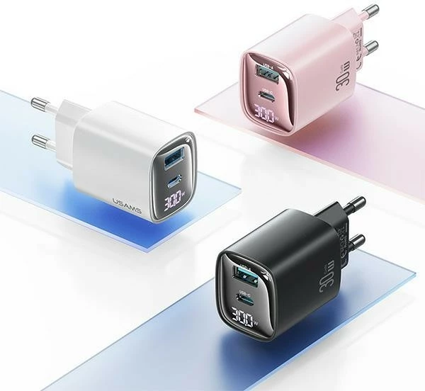Stenski polnilec USAMS CC229, 30 W, GaN, 1x USB + 1x USB-C, digitalni zaslon, črn