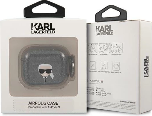 Ovitek z bleščicami Karl's Head za AirPods 3, Karl Lagerfeld KLA3UKHGK, črno