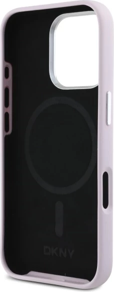 Ovitek iz tekočega silicija DKNY z majhnim kovinskim logotipom MagSafe za iPhone 16 Pro, rožnat
