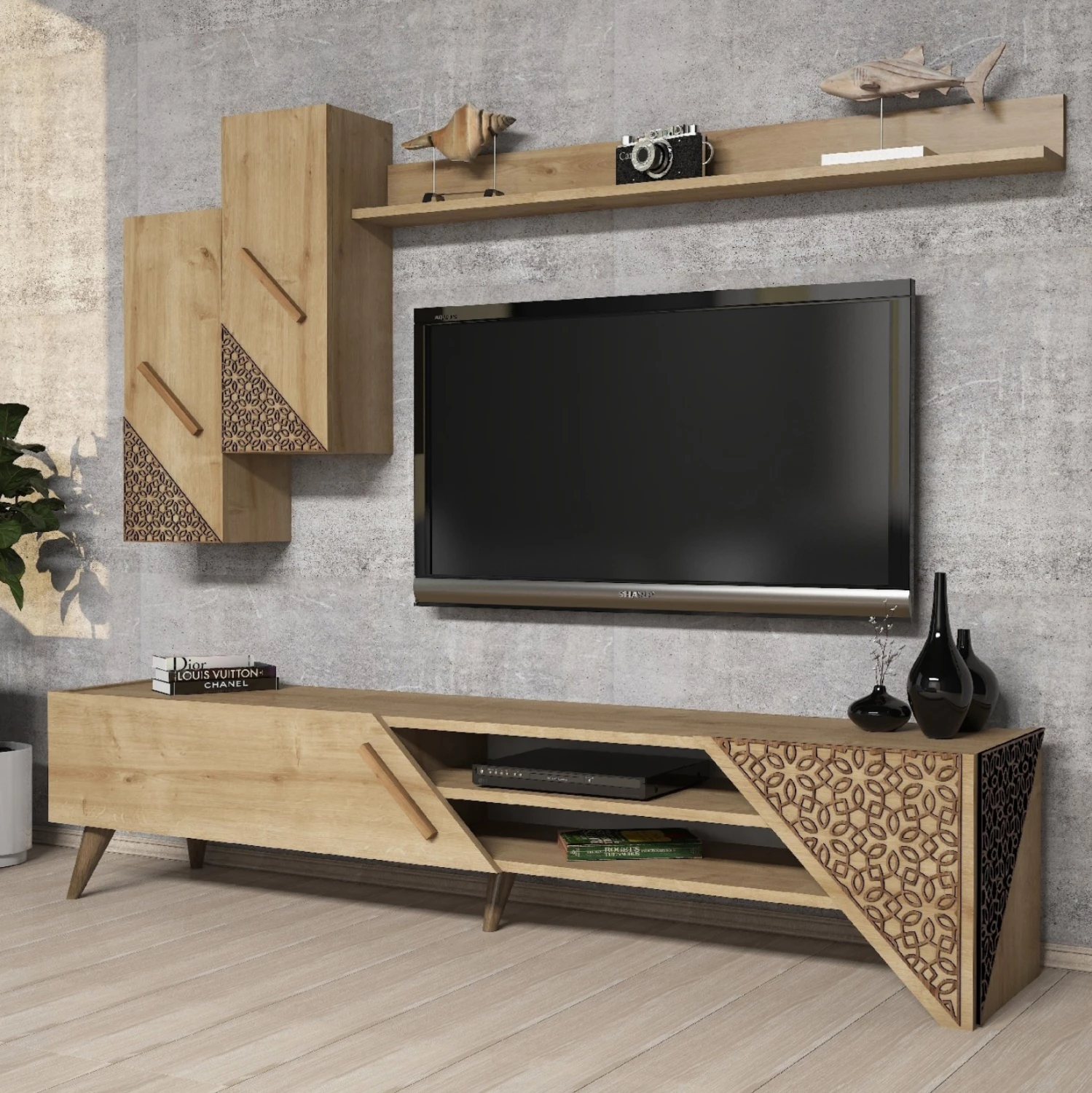 TV kombinirano pohištvo FH9514.01 iz melamina v naravni barvi hrasta 180x37x40Hcm