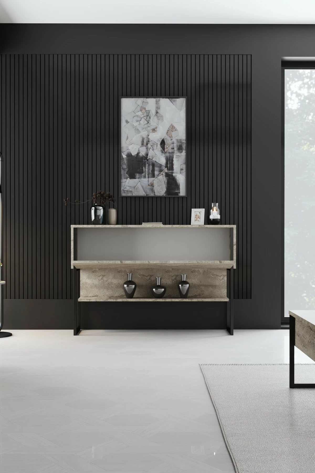 Komoda Luxe, travertin, črna, Hanah Home