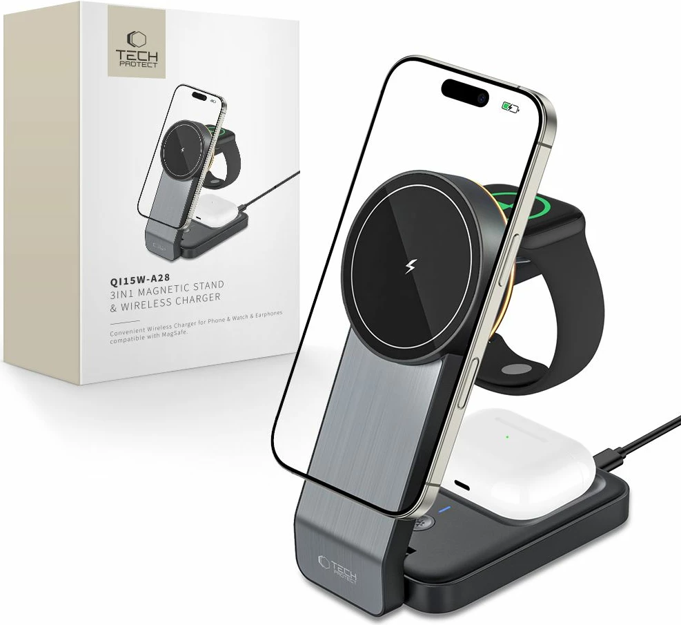3-v-1 indukcijski polnilec za telefon, Apple Watch in AirPods Tech-Protect QI15W-A28, z MagSafe, črn