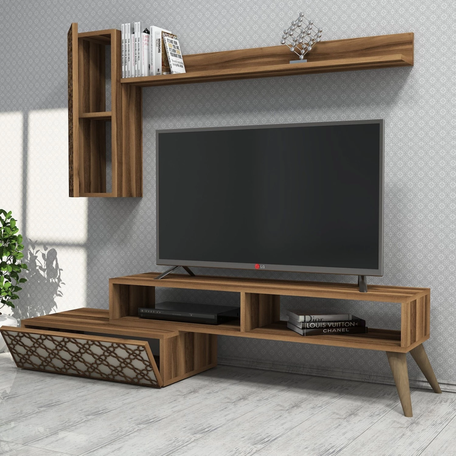 Komplet pohištva za TV FH9518.02 iz melamina v barvi oreha in smetane 150x37.2x37.8Hcm