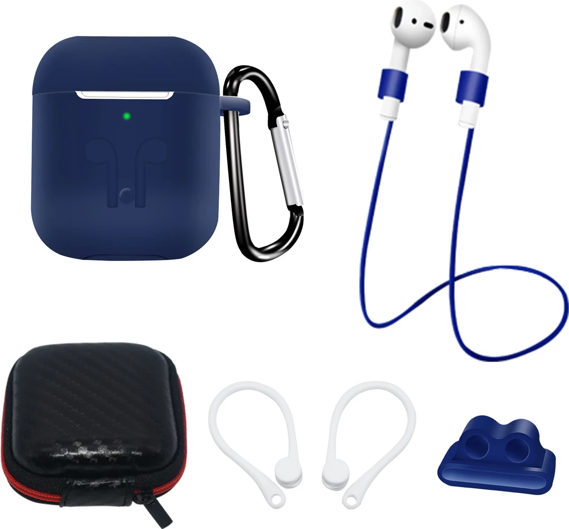 Set dodatkov za AirPods 1/2 Hurtel, silikonska zaščita s karabinom, etui, vrvica za okoli vratu, nosilec za uho in trak za uro, modra