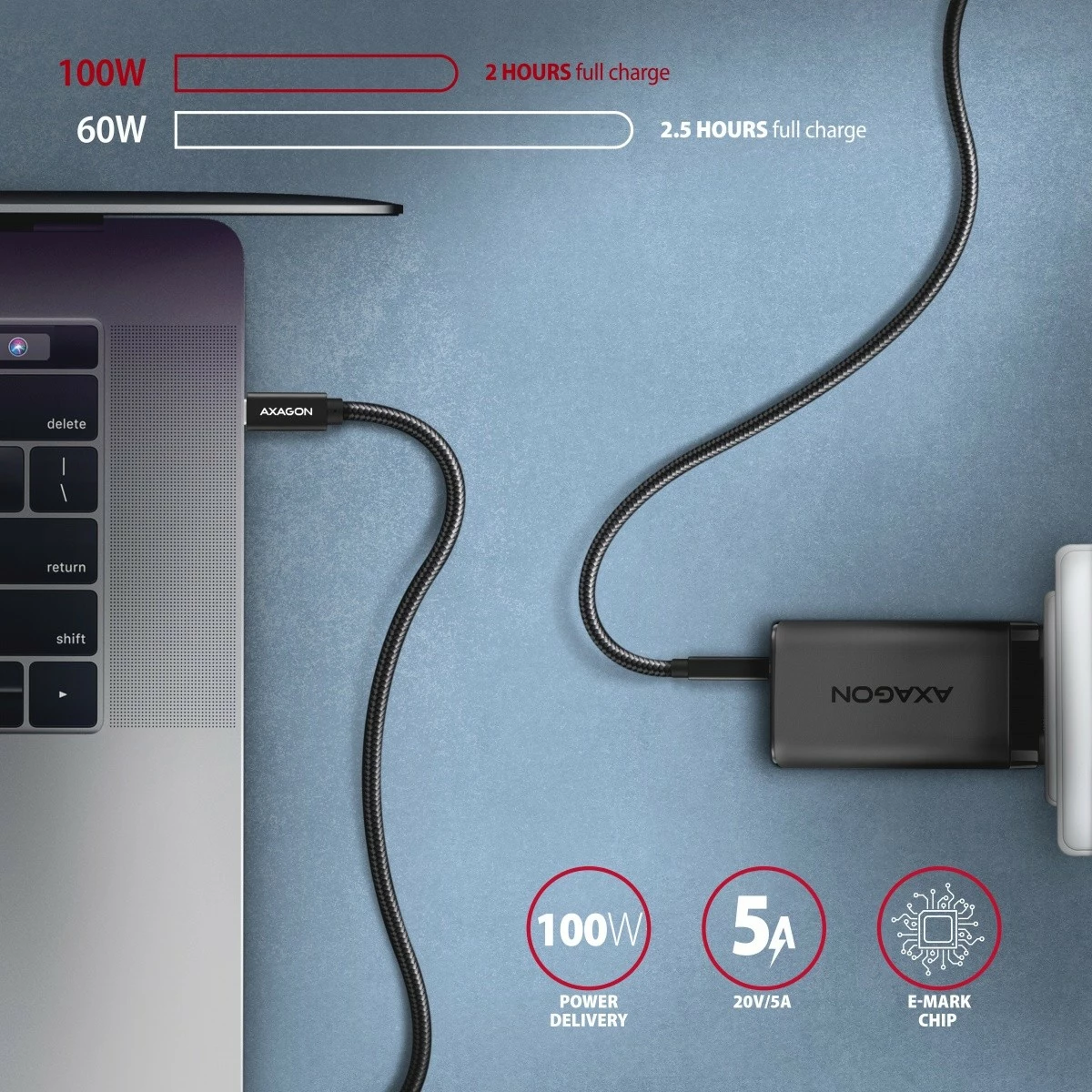 Premium USB-C kabel AXAGON BUCM32-CM20AB, 2 m, 100 W, 5 A, 4K, črn