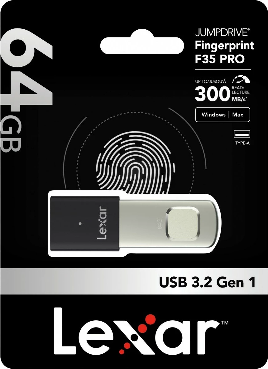USB ključ z bralcem prstnih odtisov, 64 GB — Lexar F35pro, USB 3.2 Gen1, črn/kovinski