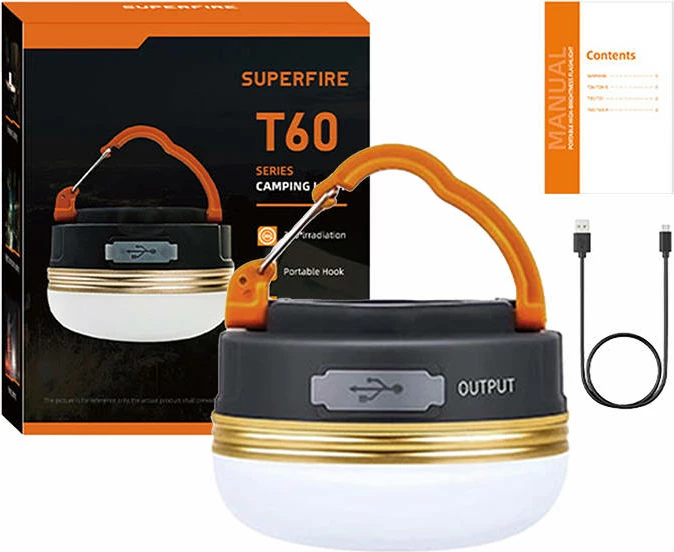 Kampirna svetilka SuperFire T60, 2,5 W, vgrajena baterija 1000 mAh, LED, IP44, 127 lm, z obešalko in USB, bela, komplet z USB kablom