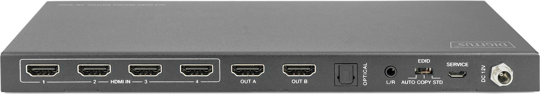 HDMI razdelilec 4x2 Digitus, 4K/60Hz, 4 vhodi, 2 izhoda, črn