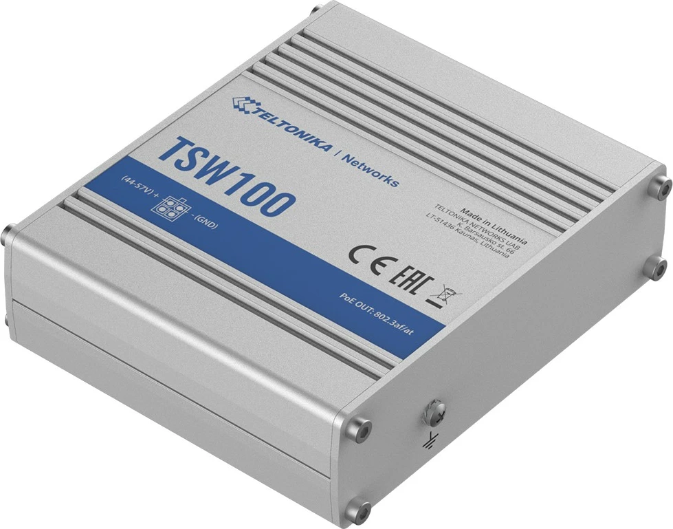 Industrijsko stikalo TELTONIKA TSW100, 5x Gigabit, 4x PoE+, namizno/za rack, srebrno